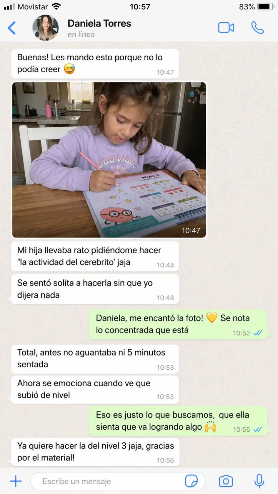 Testimonio por WhatsApp con foto de una niña haciendo la actividad