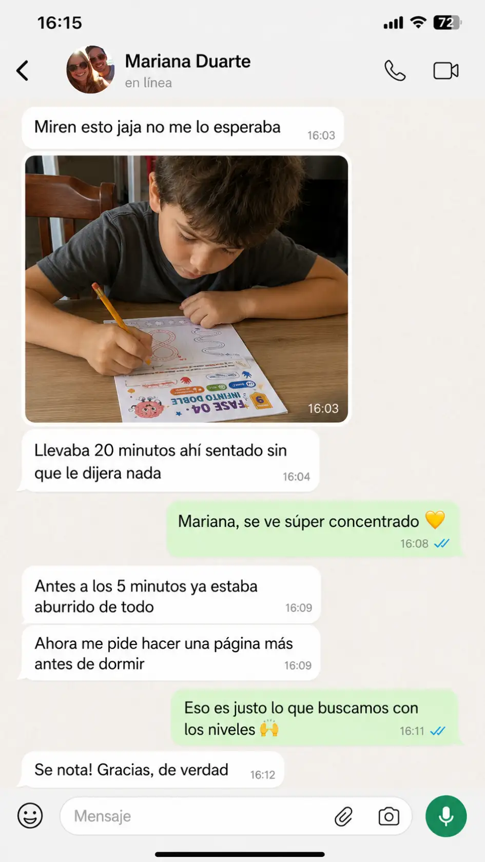 Testimonio por WhatsApp con foto de un niño haciendo la actividad