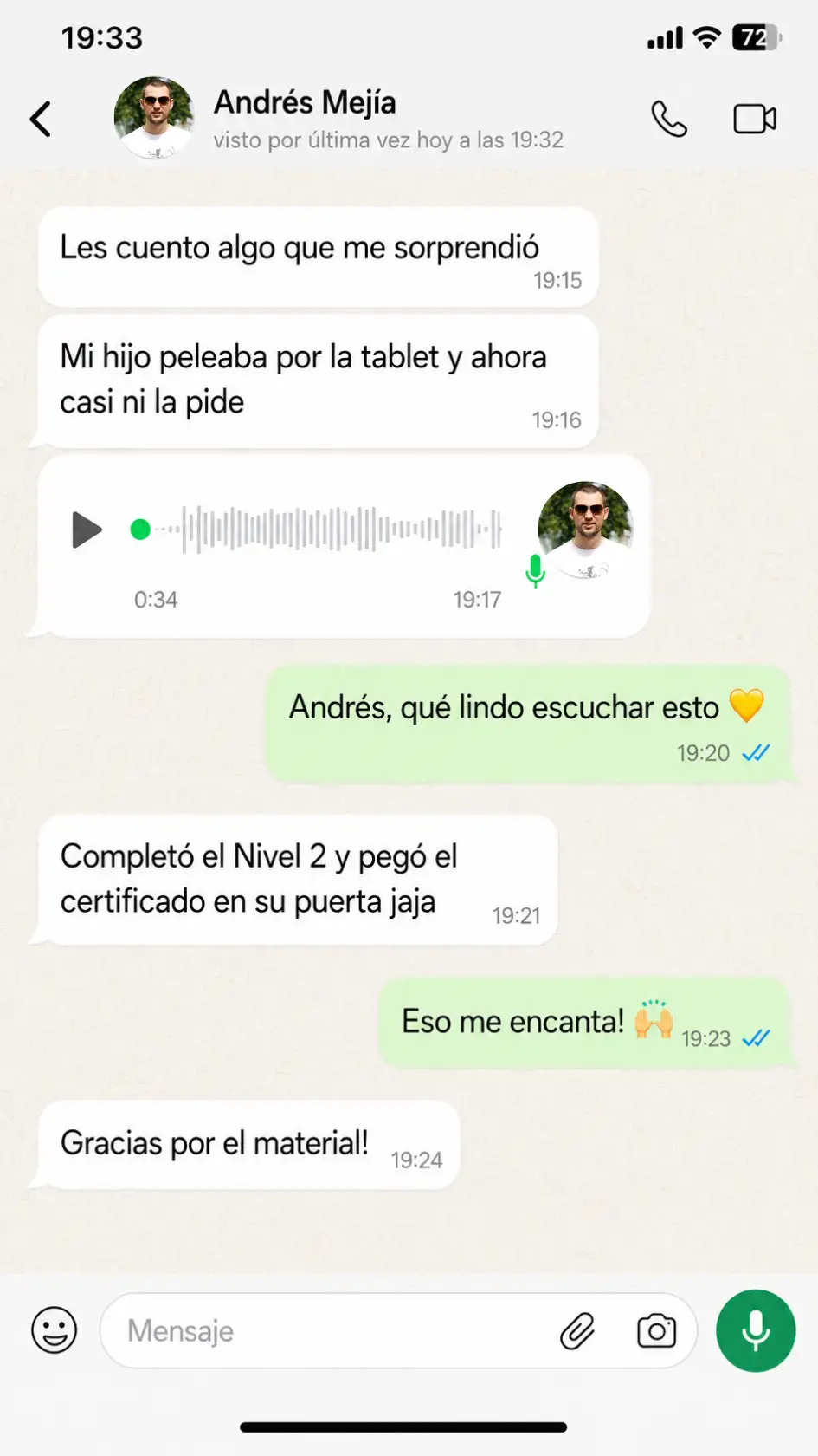 Testimonio por WhatsApp con nota de voz de un papá